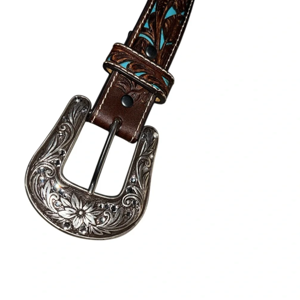Ariat Brown and Turquoise Embossed Belt with Silver Buckle